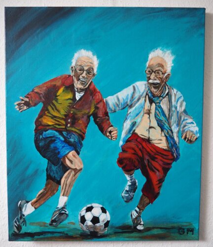 Lovely Oldies -Fussball Freunde + Animation QR Code rückseitig di Gabriele Müller, Pittura in vendita su Singulart