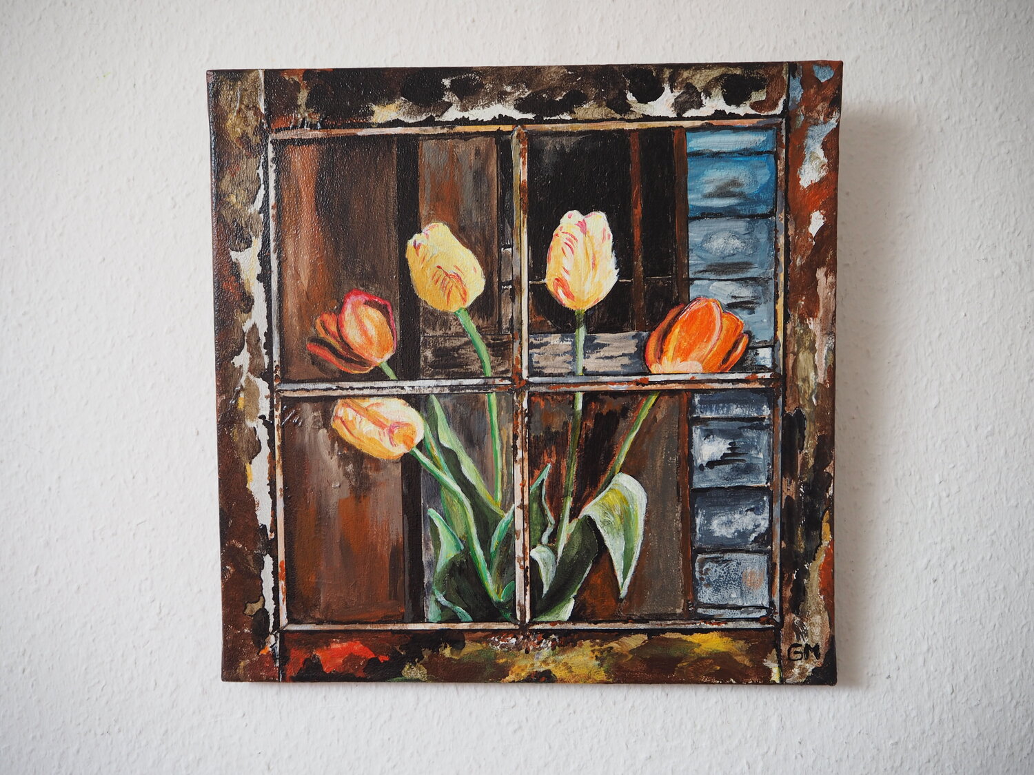 Fenster mit Tulpen Gabriele Müller Origineel schilderij te koop