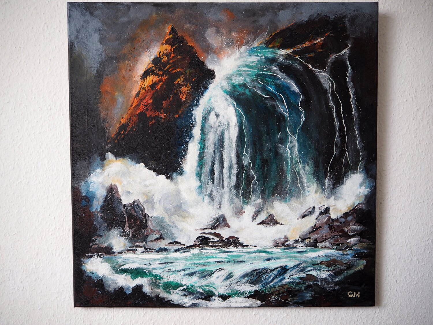 Landscape Waterfall + Animation QR Code rückseitig Gabriele Müller Original painting for sale