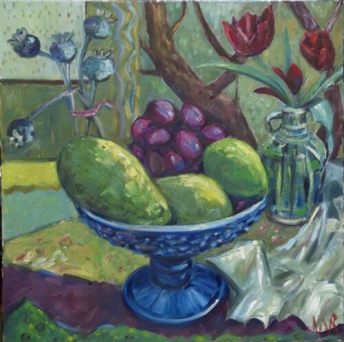 Avocado and grapes di Wendy Raphael, Pittura in vendita su Singulart