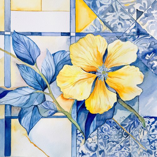 Yellow Verbascum on Blue Azulejo Tiles von Irina Kurganskaya, Malerei kaufen auf Singulart