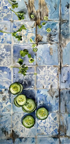 Portuguese Harvest on Azulejo Time – Cucumbers and Chili von Irina Kurganskaya, Malerei kaufen auf Singulart