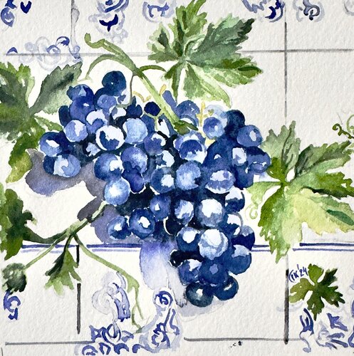 Portuguese Harvest on Azulejo Time – Grapes Mini 1 par Irina Kurganskaya, Peinture en vente sur Singulart