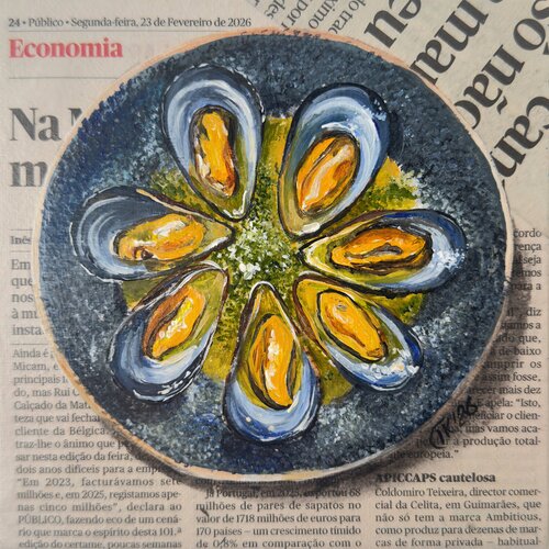 Breaking Shells: Mussels Make the News van Irina Kurganskaya, Schilderij te koop op Singulart