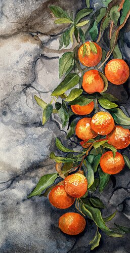 Whispers Through the Wall - Oranges by Irina Kurganskaya, Painting for Sale on Singulart