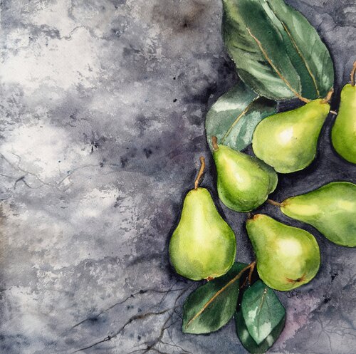 Whispers Through the Wall: Green Pears de Irina Kurganskaya, Pintura a la venta en Singulart