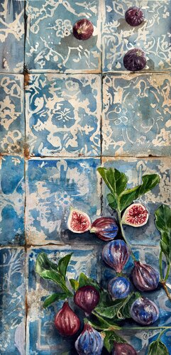 Portuguese Harvest on Azulejo Time –  Figs par Irina Kurganskaya, Peinture en vente sur Singulart