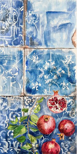 Portuguese Harvest on Azulejo Time - Pomegranates von Irina Kurganskaya, Malerei kaufen auf Singulart