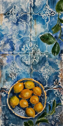 Portuguese Harvest on Azulejo Time - Lemons by Irina Kurganskaya, 회화 for Sale on Singulart