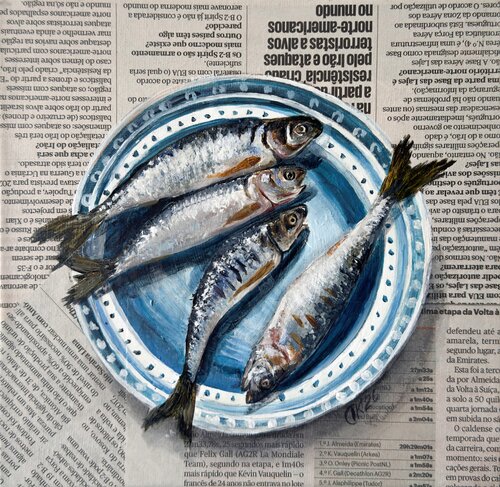 Blue Plate Bulletin: Sardines Make Headlines van Irina Kurganskaya, Schilderij te koop op Singulart