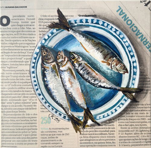 Blue Plate Bulletin: Sardines Make Headlines by Irina Kurganskaya, 회화 for Sale on Singulart