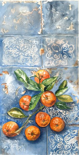 Portuguese Harvest on Azulejo Time – Sunlit Tangerines par Irina Kurganskaya, Peinture en vente sur Singulart