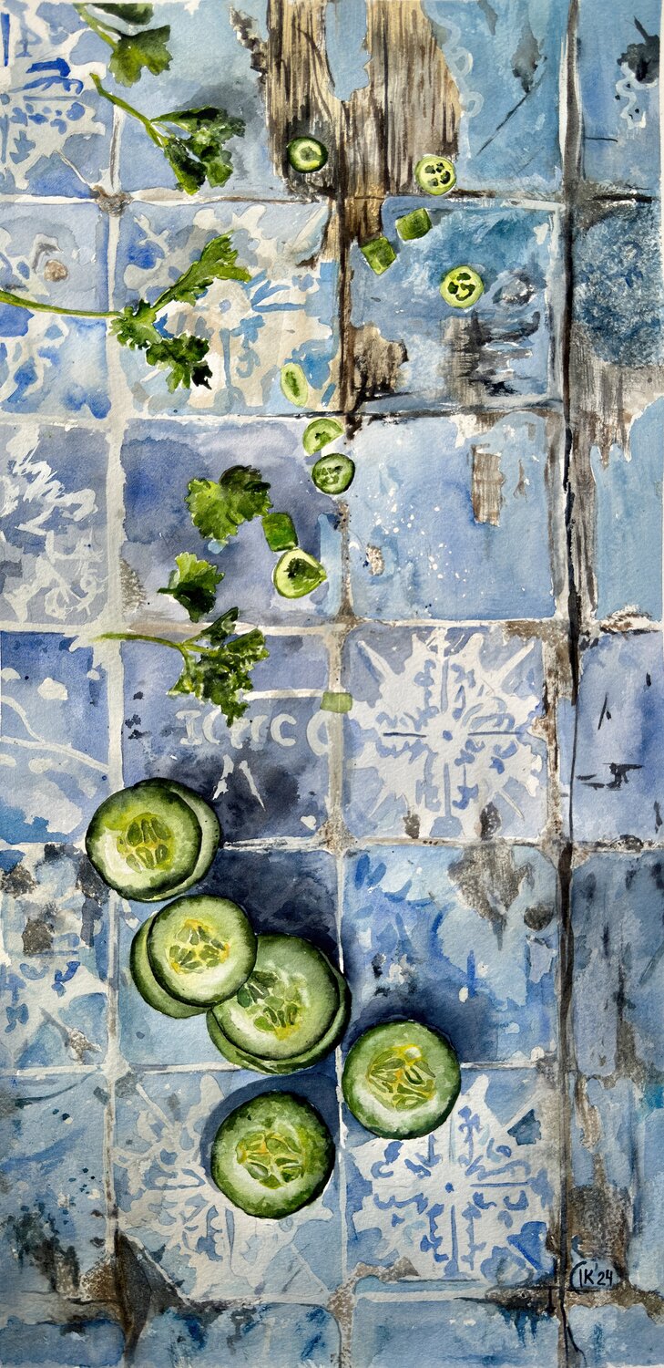 Portuguese Harvest on Azulejo Time – Cucumbers and Chili Irina Kurganskaya
