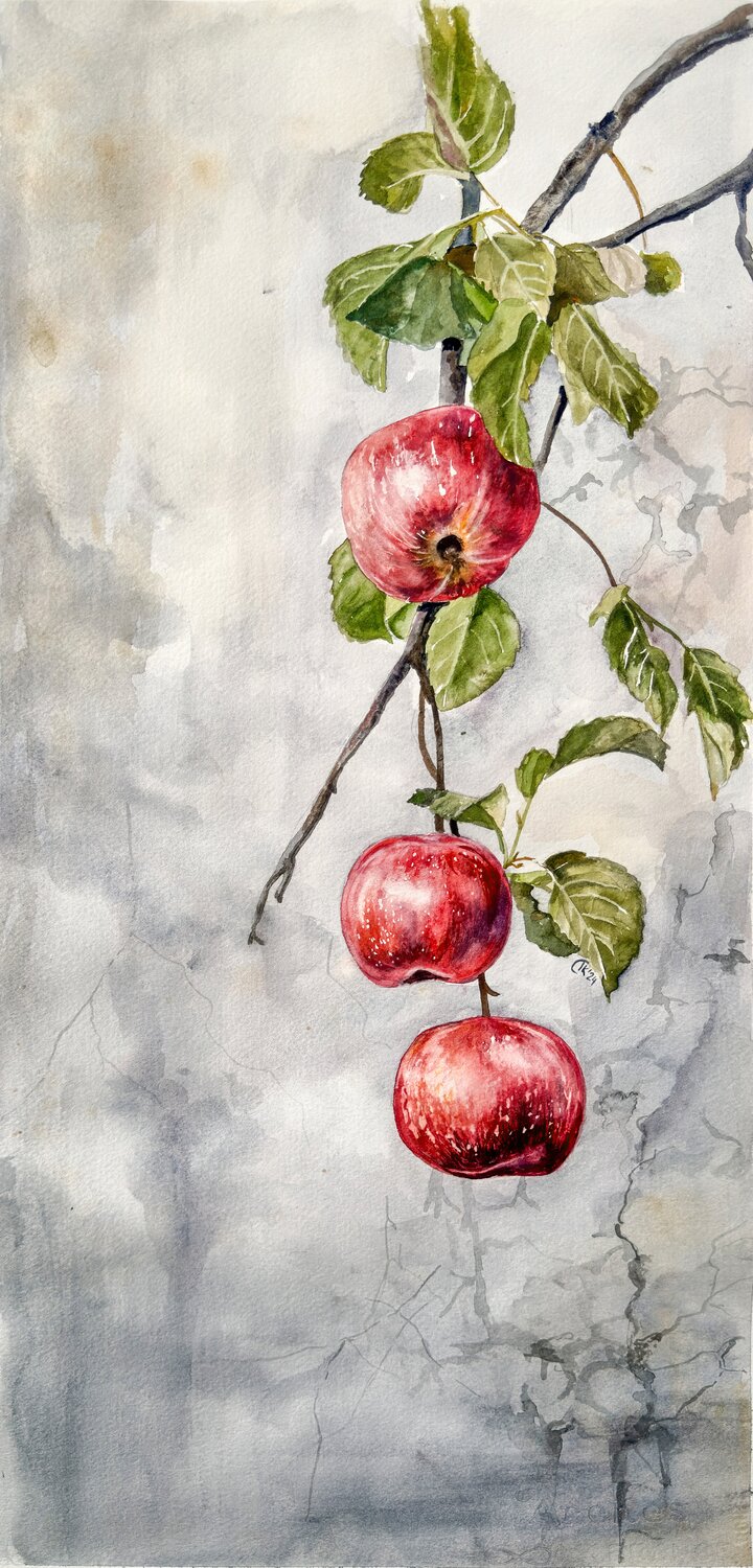 Whispers Through the Wall – Red Apple Branch Irina Kurganskaya Originalgemälde zu verkaufen