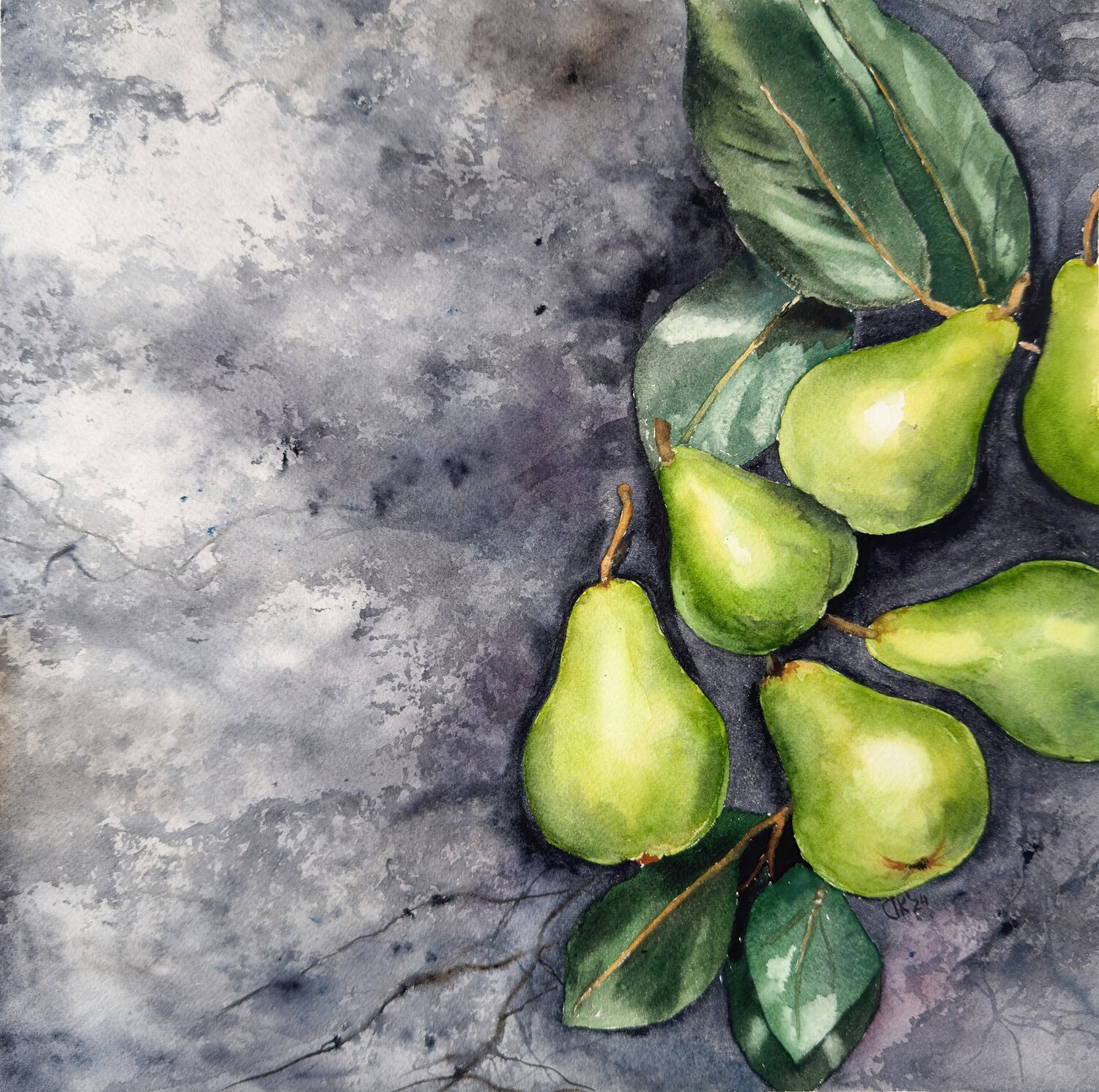 Whispers Through the Wall: Green Pears Irina Kurganskaya Originalgemälde zu verkaufen