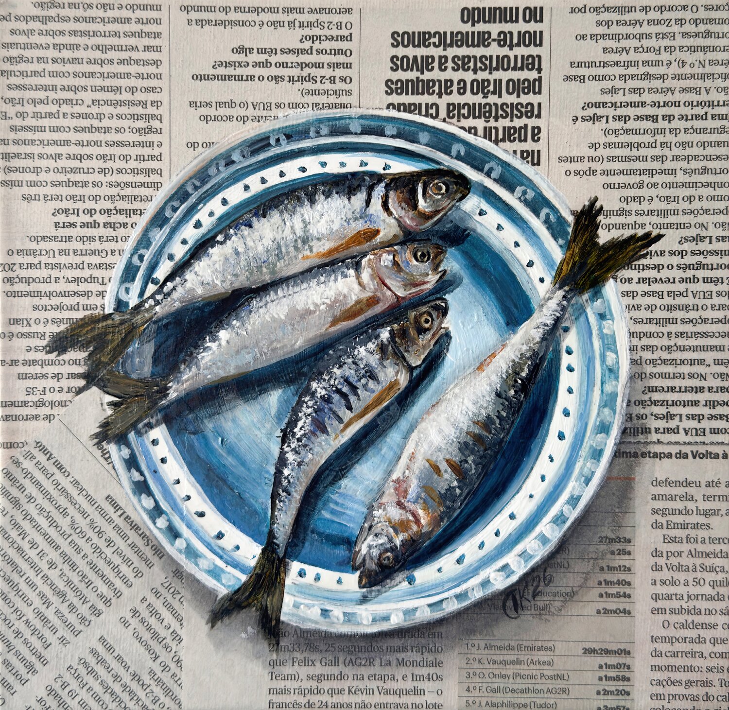 Blue Plate Bulletin: Sardines Make Headlines Irina Kurganskaya Origineel schilderij te koop