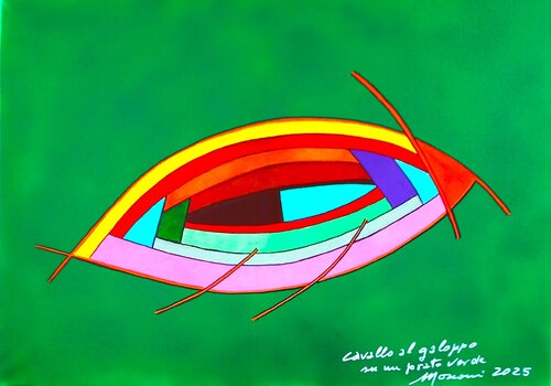 Cavallo al galoppo su un prato verde by Romano Mosconi, 회화 for Sale on Singulart