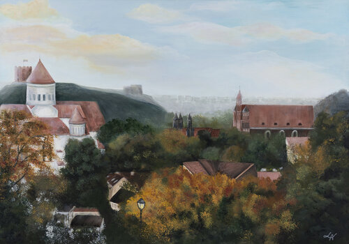 Echoes of Time: Vilnius Old Town Cityscape von Laura Miskinyte, Malerei kaufen auf Singulart