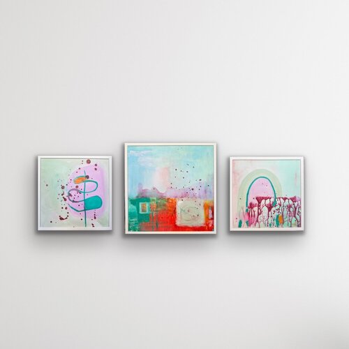 Childhood Gardens – colorful abstract triptych about memories, playfulness, and inner freedom de Laura Miskinyte, Pintura a la venta en Singulart