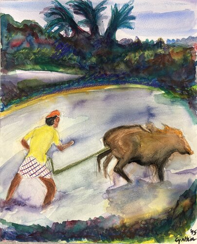 Balinese farmer ploughing his rice field di Cynthia Ruffin Simon, Opera su carta in vendita su Singulart