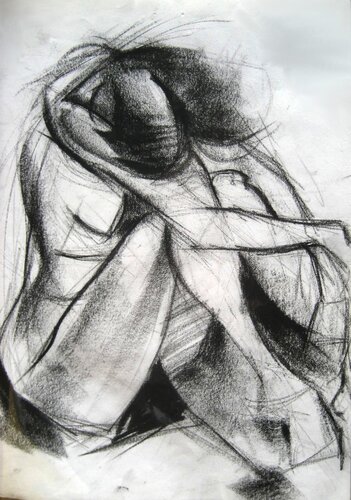 Nude hiding her face crouching van Cynthia Ruffin Simon, Werk op papier te koop op Singulart