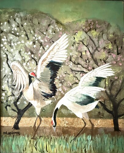 Grues dans les cerisiers en fleur di Martine Lapierre, Pittura in vendita su Singulart