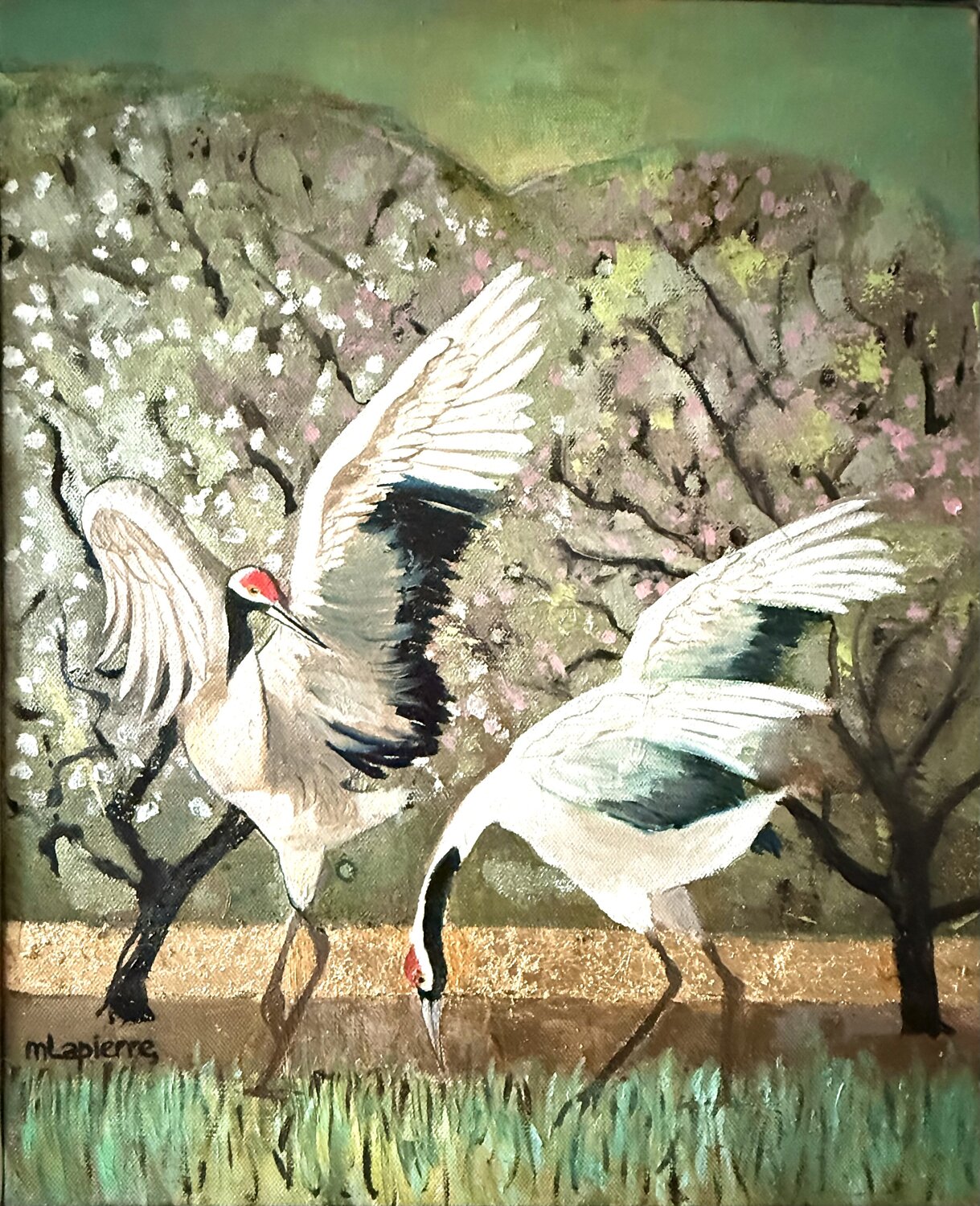 Grues dans les cerisiers en fleur Martine Lapierre