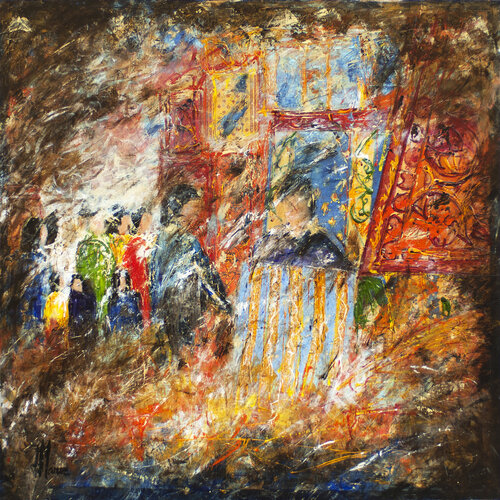 Le marchand de tissus. Marché aux Saintes Maries de la Mer de Jean-Jacques Marie, Pintura a la venta en Singulart