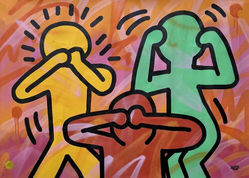 See no evil, hear no evil, speack no evil / Res2 vs Keith Haring von Alessandro Chindamo, Malerei kaufen auf Singulart