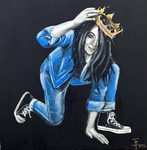 …adjusts her crown, and… van Beáta Fekete-Vincze, Schilderij te koop op Singulart