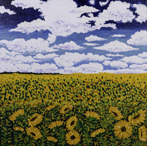 VALLEYS OF FLOWERS 16- SUNFLOWERS AND THE CLOUDS von Richa Dalmia, Malerei kaufen auf Singulart