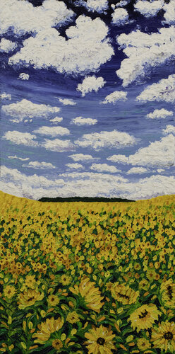 VALLEYS OF FLOWERS 14- SUNFLOWERS AND THE CLOUDS von Richa Dalmia, Malerei kaufen auf Singulart
