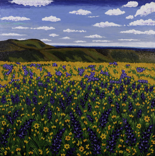 VALLEYS OF FLOWERS 20-  daisies and purple delphiniums, yumthang valley von Richa Dalmia, Malerei kaufen auf Singulart