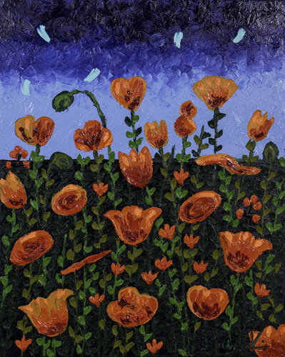 VALLEYS OF FLOWERS 25 - ORANGE POPPIES von Richa Dalmia, Malerei kaufen auf Singulart