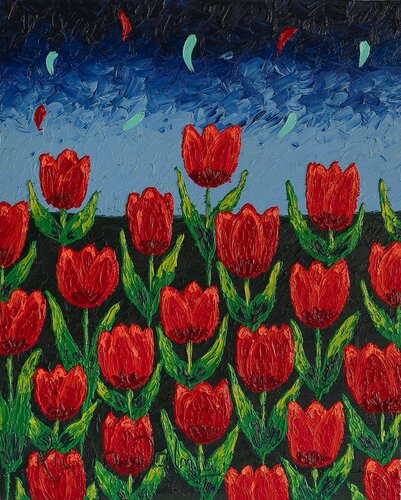 VALLEYS OF FLOWERS 32- RED TULIPS von Richa Dalmia, Malerei kaufen auf Singulart