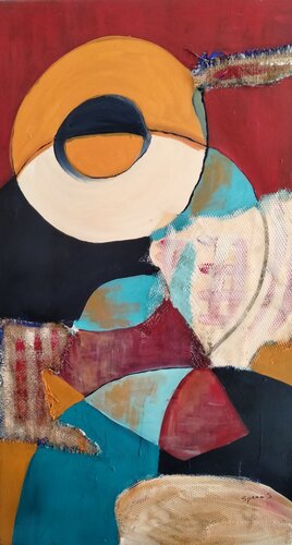 Composizione astratta:l'uovo al tegamino immerso nel rosso. par Stefania Spera, Peinture en vente sur Singulart