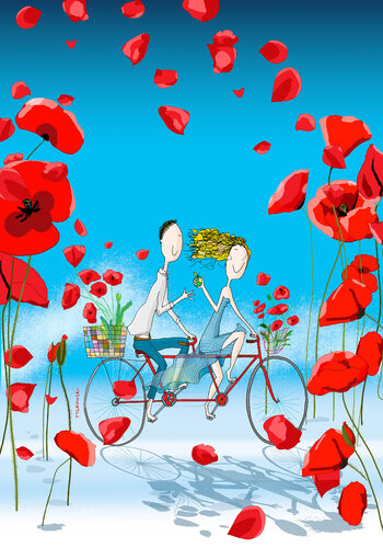 Bitten Apple, Bicycle, Poppies (Nadgryzione jabłko, rower, maki) by Andrzej Tylkowski, Print for Sale on Singulart