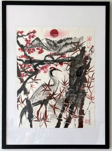 Kranich (  Sumi-e, auf Wenzhou Papier,) anschließend auf ein Trägerpapier aufgezogen van Mike Eckert, Werk op papier te koop op Singulart