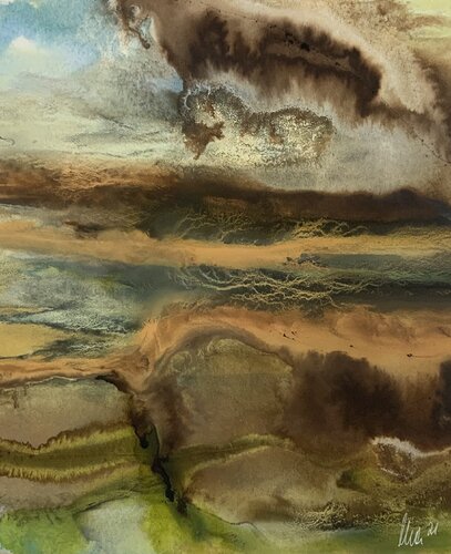 Moor-Landschaft, Aquarell mit Moorlauge van Siegfried Krön, Schilderij te koop op Singulart