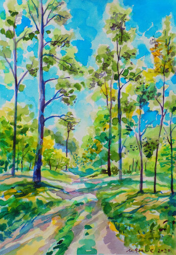 Blue sky over the forest path von Maja Grecic, Werk auf Papier kaufen auf Singulart