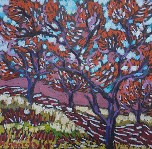 Olive grove in red von Maja Grecic, Zeichnungen kaufen auf Singulart