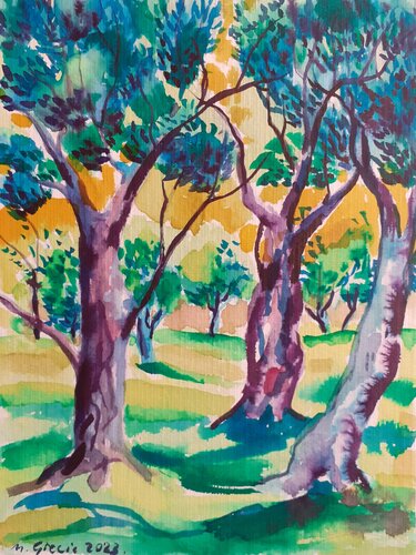 Three olive trees van Maja Grecic, Werk op papier te koop op Singulart