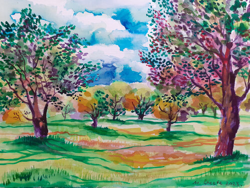 Olive grove with turquois clouds by Maja Grecic, Work on Paper for Sale on Singulart