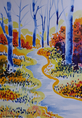 Simple Spring forest in yellow von Maja Grecic, Werk auf Papier kaufen auf Singulart