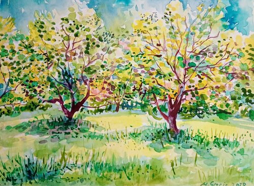 Olive grove in turquoise and green von Maja Grecic, Werk auf Papier kaufen auf Singulart