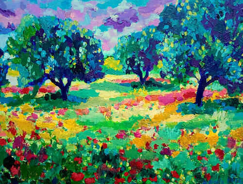 Purple clouds over orchard de Maja Grecic, Pintura a la venta en Singulart