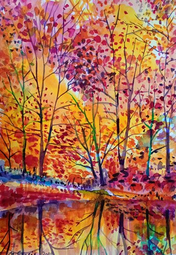 Autumn forest reflection de Maja Grecic, Obra en papel a la venta en Singulart