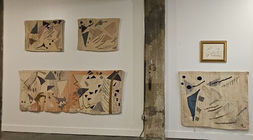 Law of Three Series: Triangle I, Triangle II, Trinity, Triangle VI, and original framed pencil drawing for the Law of Three Series. Designed and Hand Woven Myra Reichel. von Myra Reichel, Textil kaufen auf Singulart