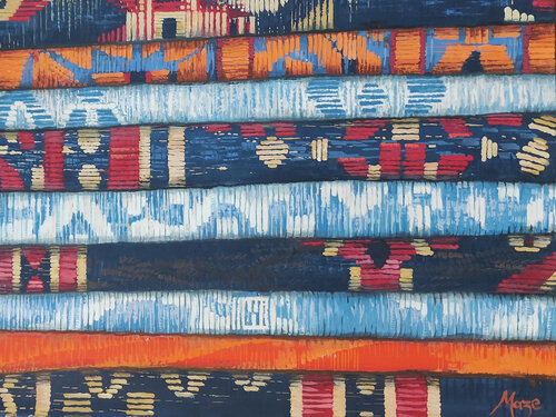Carpets in Morocco Souk - Blue on Orange (Gouache on Paper) di Jeanne Maze, Opera su carta in vendita su Singulart