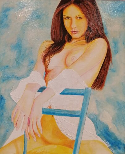 La chaise bleue (lin) von Emmanuel Van kalck, Malerei kaufen auf Singulart